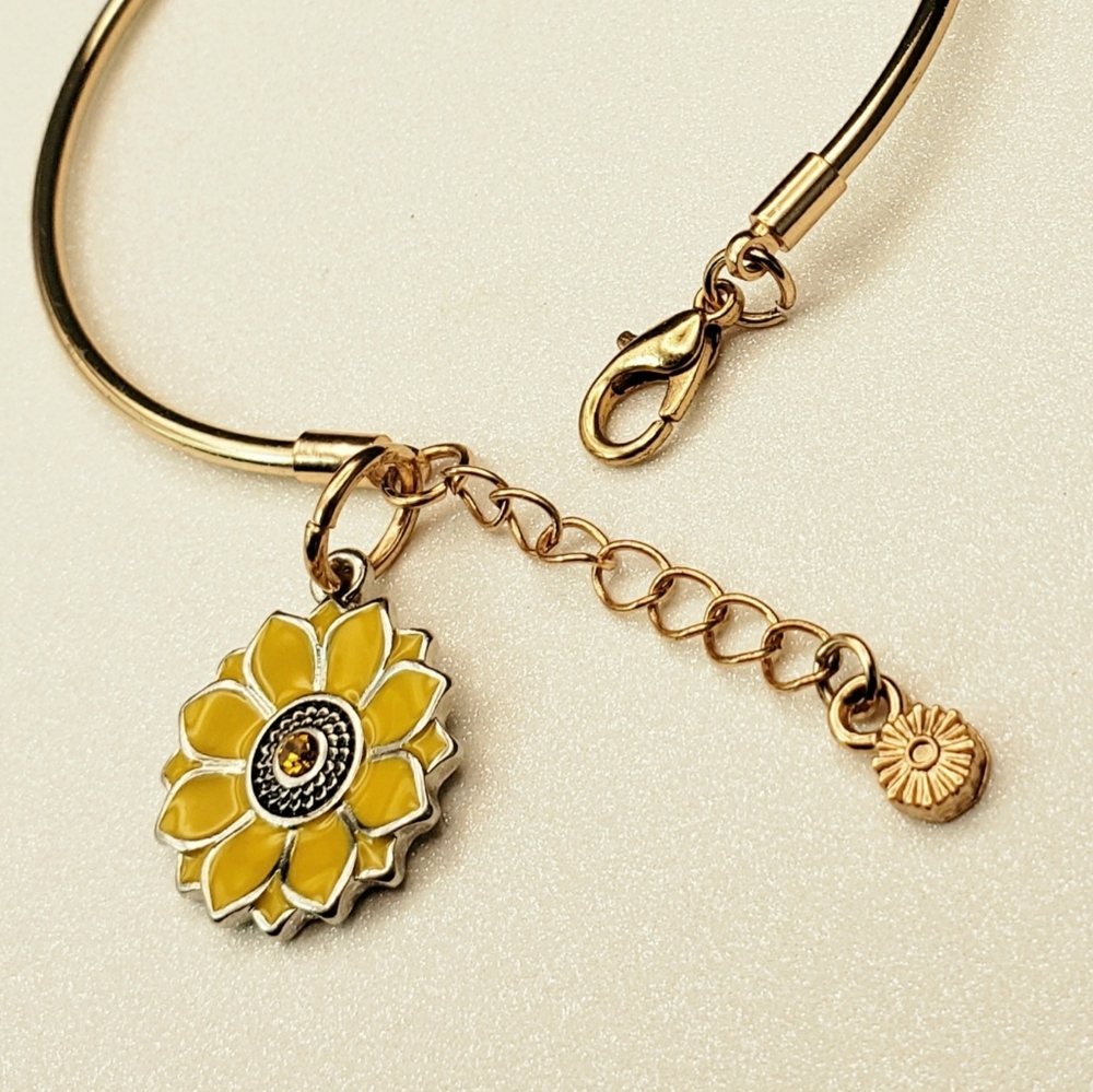 Sunflower Rhinestone Charm Bangle Bracelet Cuff Adjustable - Picture 3 of 10